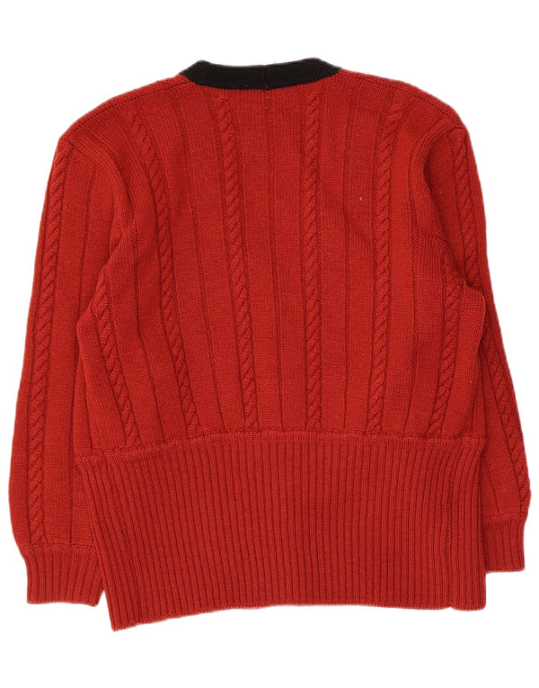 Suéter cardigã feminino vintage Reino Unido 14 lã virgem vermelha média
