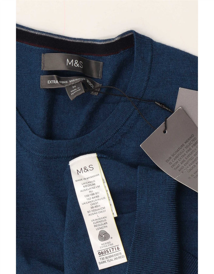 Suéter masculino Marks & Spencer com gola redonda, lã Merino azul marinho médio