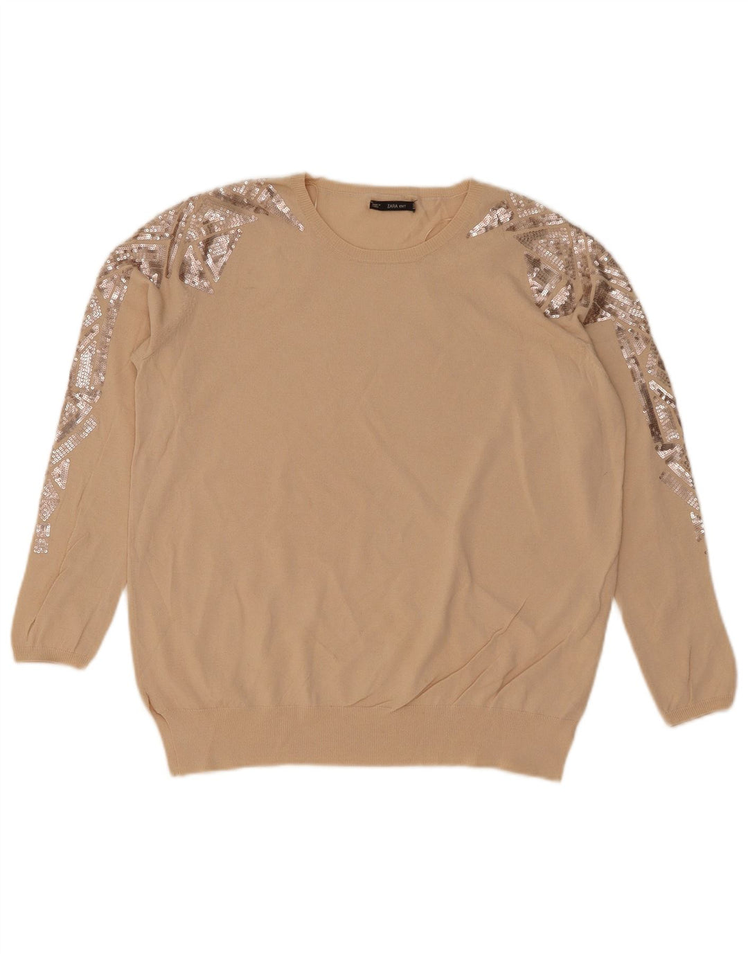 Suéter feminino Zara com gola redonda Reino Unido 14 médio bege geométrico