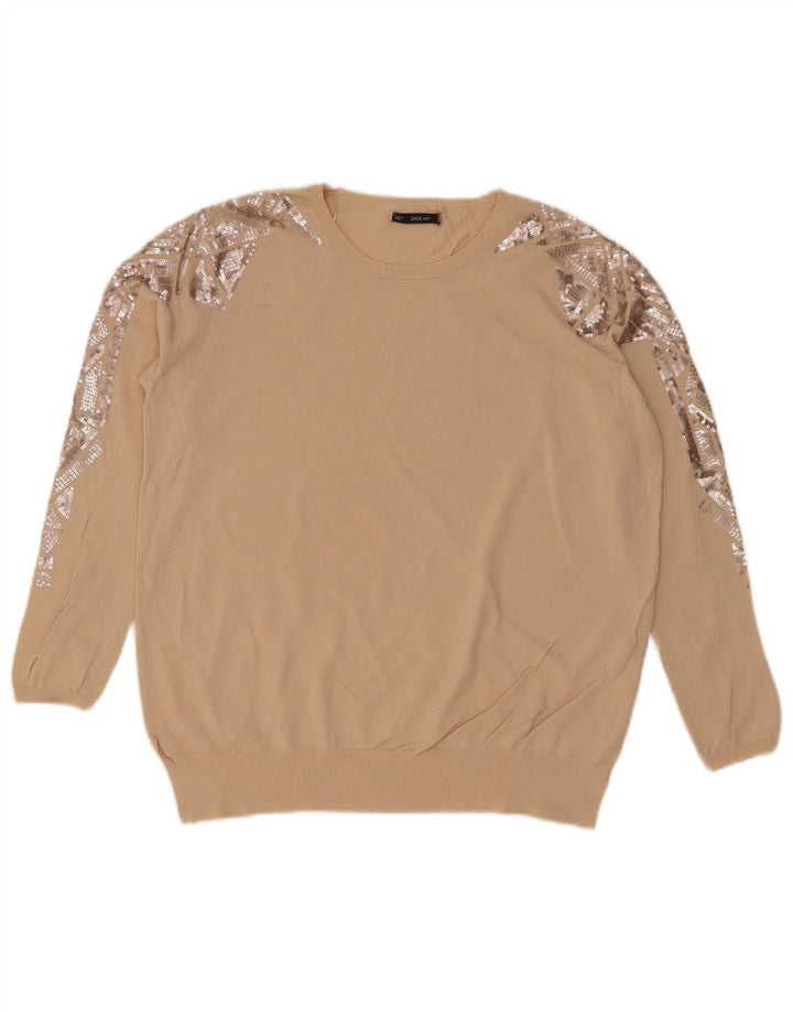 Suéter feminino Zara com gola redonda Reino Unido 14 médio bege geométrico