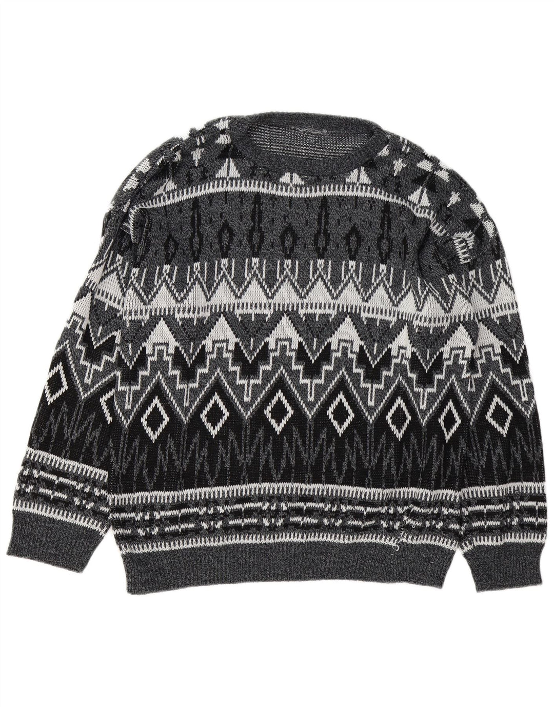 Suéter vintage masculino com gola canoa grande cinza geométrico