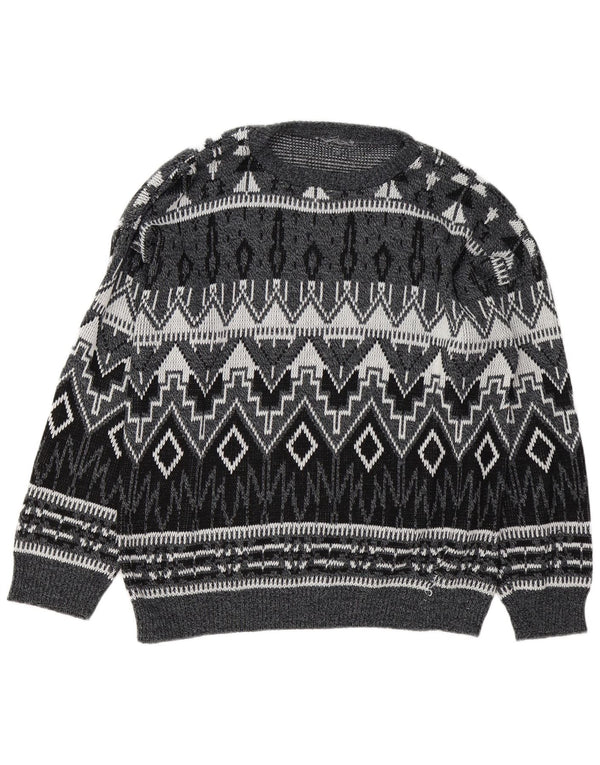 Suéter vintage masculino com gola canoa grande cinza geométrico