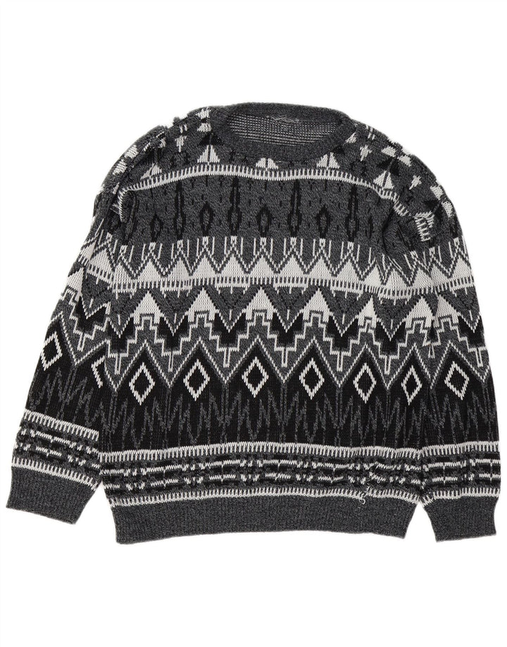 Suéter vintage masculino com gola canoa grande cinza geométrico