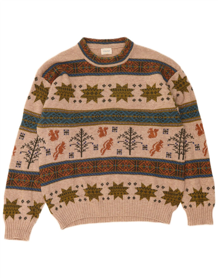 Suéter masculino Benetton com gola redonda, médio bege, lã Fair Isle