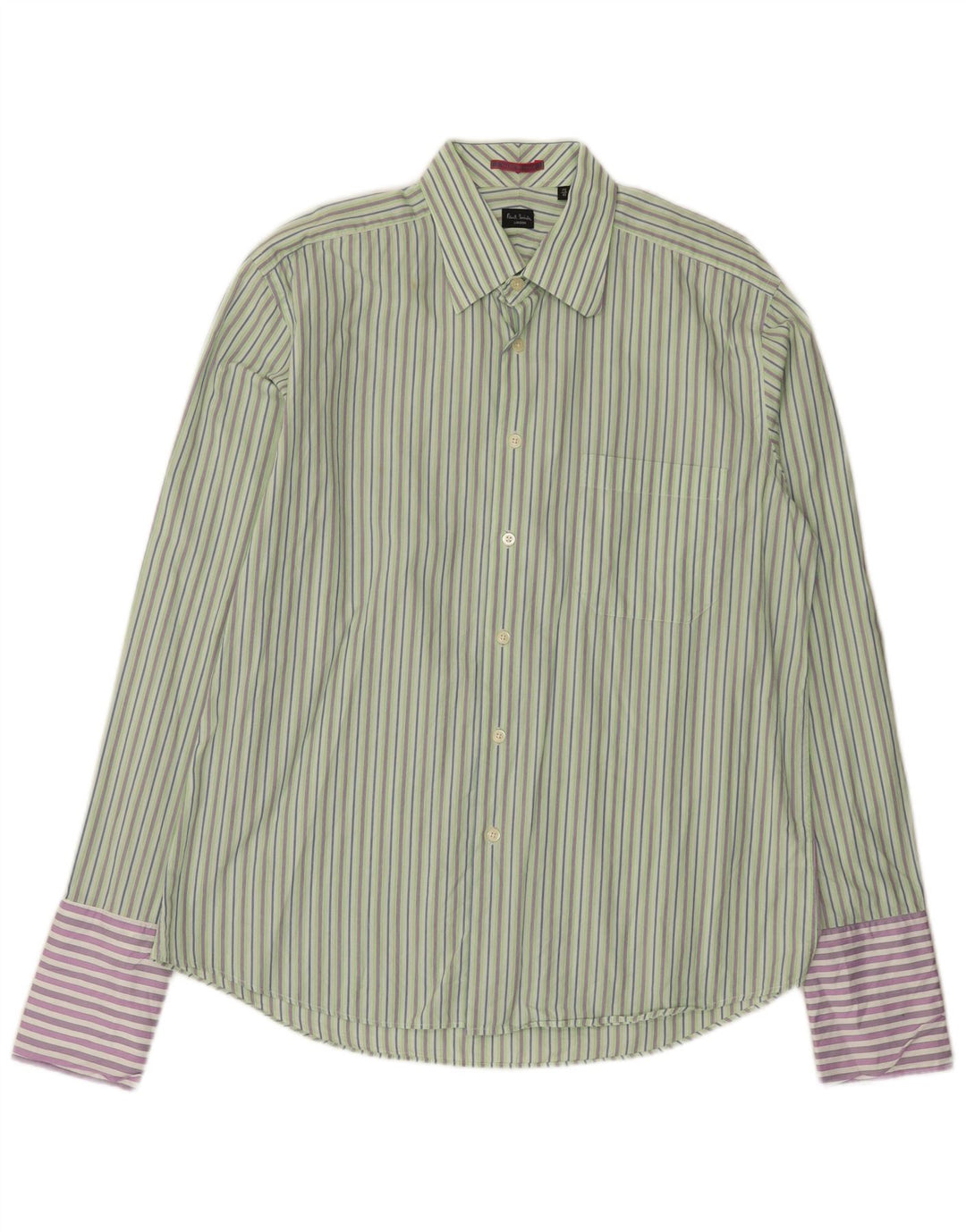 Camisa formal masculina Paul Smith tamanho 45 17 1/2 XL algodão listrado verde