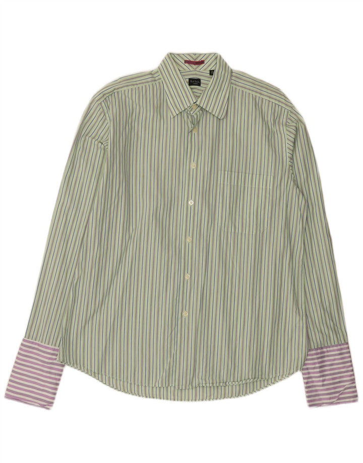 Camisa formal masculina Paul Smith tamanho 45 17 1/2 XL algodão listrado verde