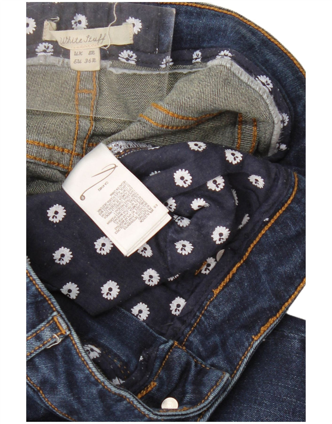 Jeans retos femininos White Stuff UK 12 médio W28 L30 algodão azul marinho