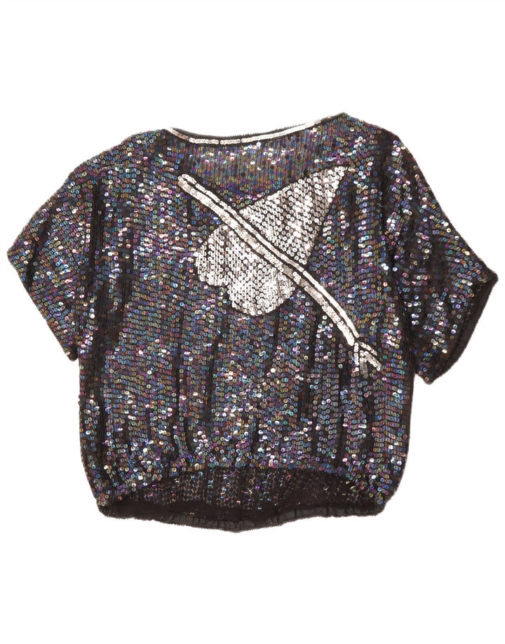 Blusa feminina VINTAGE com estampa gráfica UK 14 grande coração preto manchado