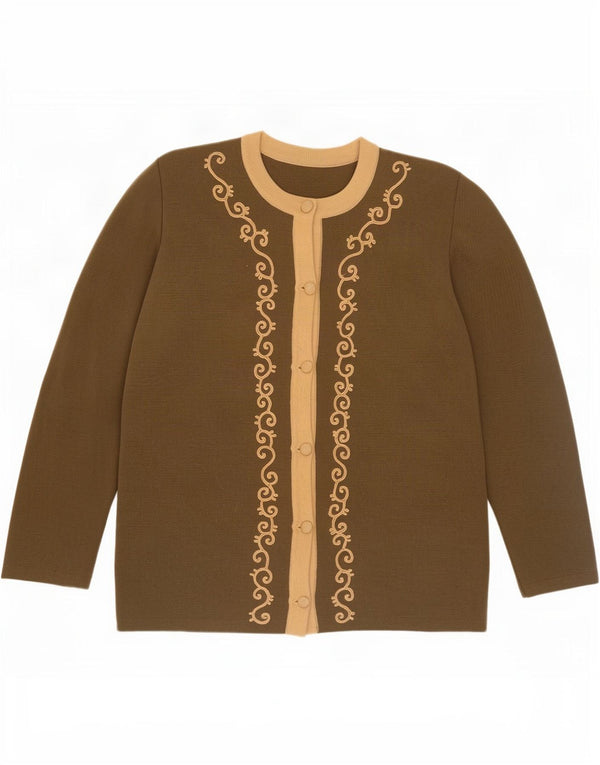 Suéter cardigã feminino vintage Reino Unido 16 grande cáqui floral