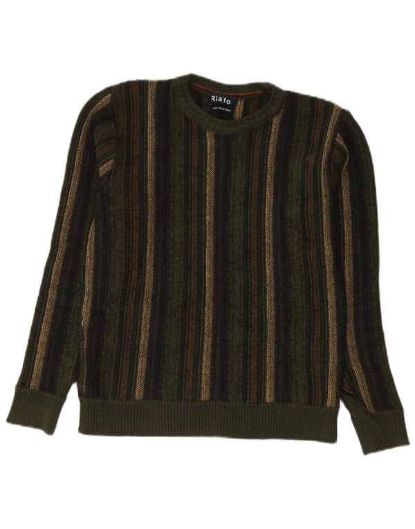 Suéter vintage masculino com gola redonda, lã merino listrada verde pequena