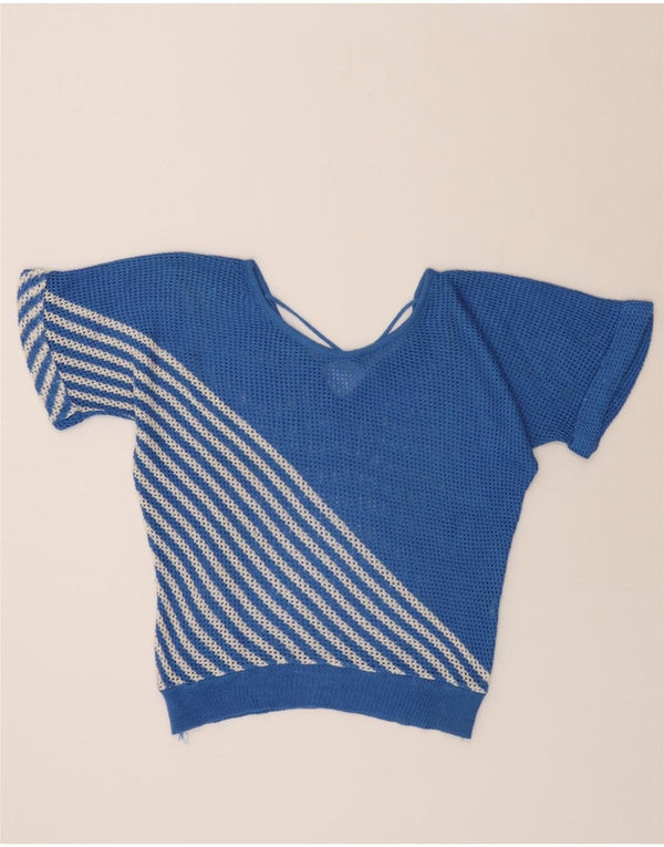 Suéter feminino VINTAGE transparente com gola canoa Reino Unido 14 grande azul