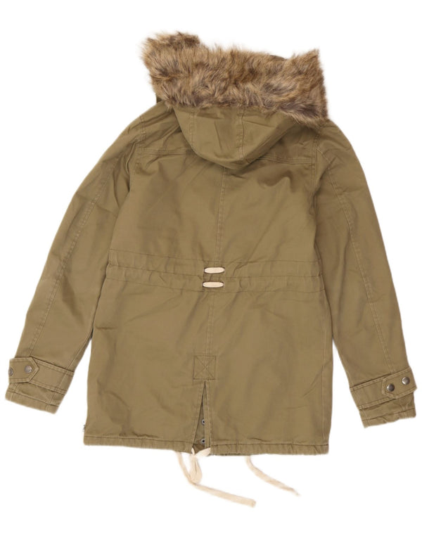 Animal Womens Hooded Parka Jacket UK 6 XS Khaki Cotton