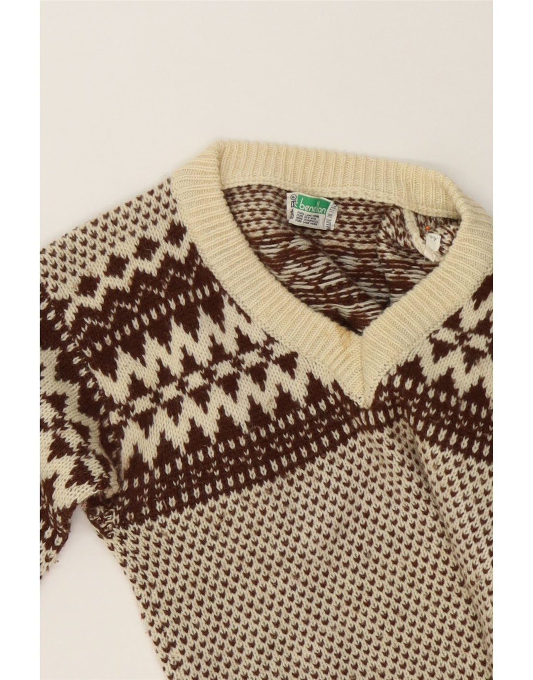 BENETTON Womens V-Neck Jumper Sweater IT 46 Large Beige Fair Isle Wool Vintage Benetton and Second-Hand Benetton from Messina Hembry 