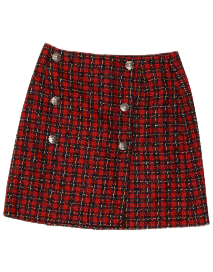 Mini saia envoltória feminina vintage IT 42 médio W28 lã virgem xadrez vermelha