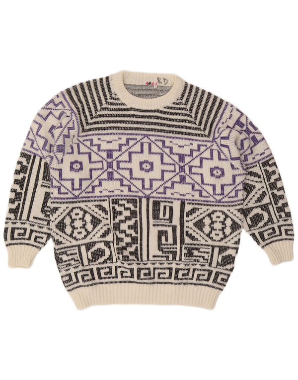 Suéter vintage masculino com gola redonda, grande lã geométrica branca