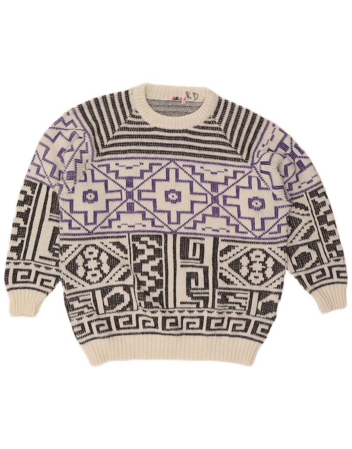 Suéter vintage masculino com gola redonda, grande lã geométrica branca