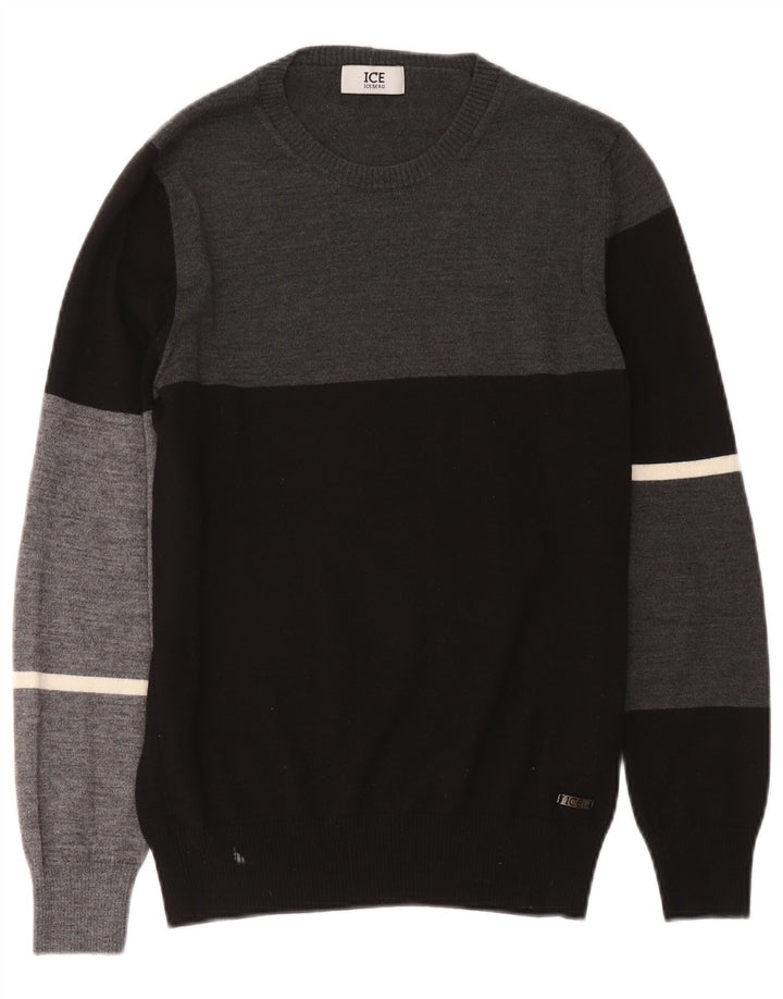 Suéter masculino Iceberg com gola redonda, lã colorblock médio preto