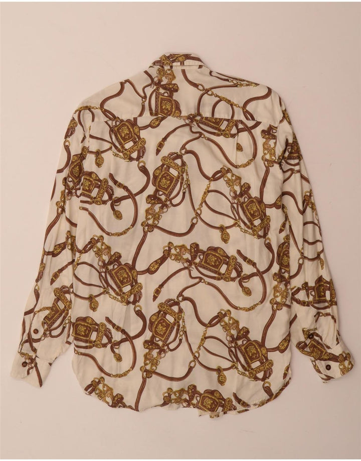 Blusa feminina VINTAGE com estampa abstrata Reino Unido 14 grande viscose branca