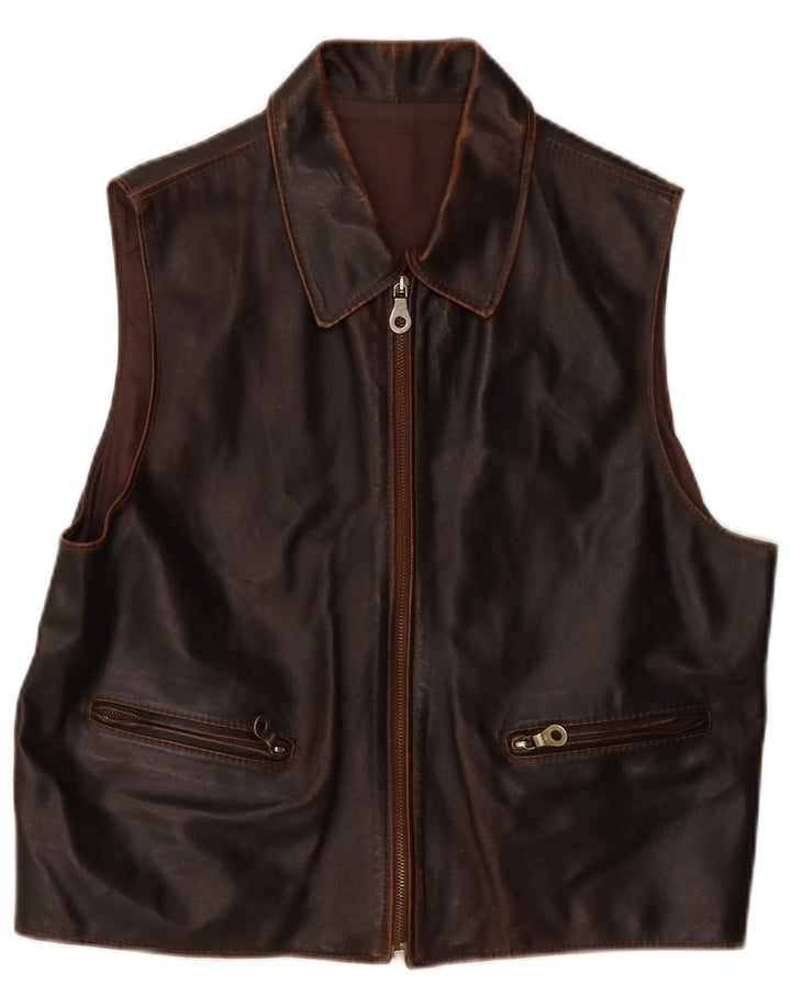 Colete de couro masculino vintage marrom médio