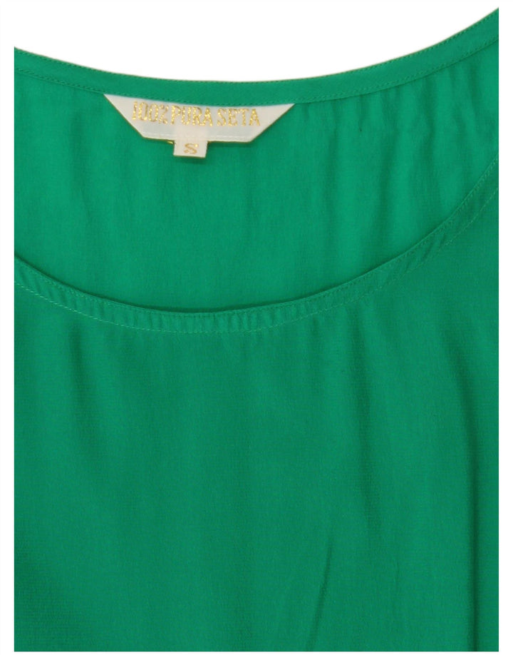 Blusa feminina VINTAGE com ajuste solto, Reino Unido 10, seda verde pequena