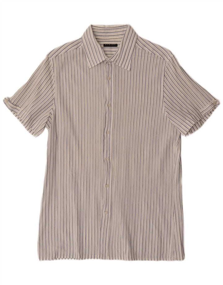 Sisley Camisa masculina de manga curta média risca de giz branca