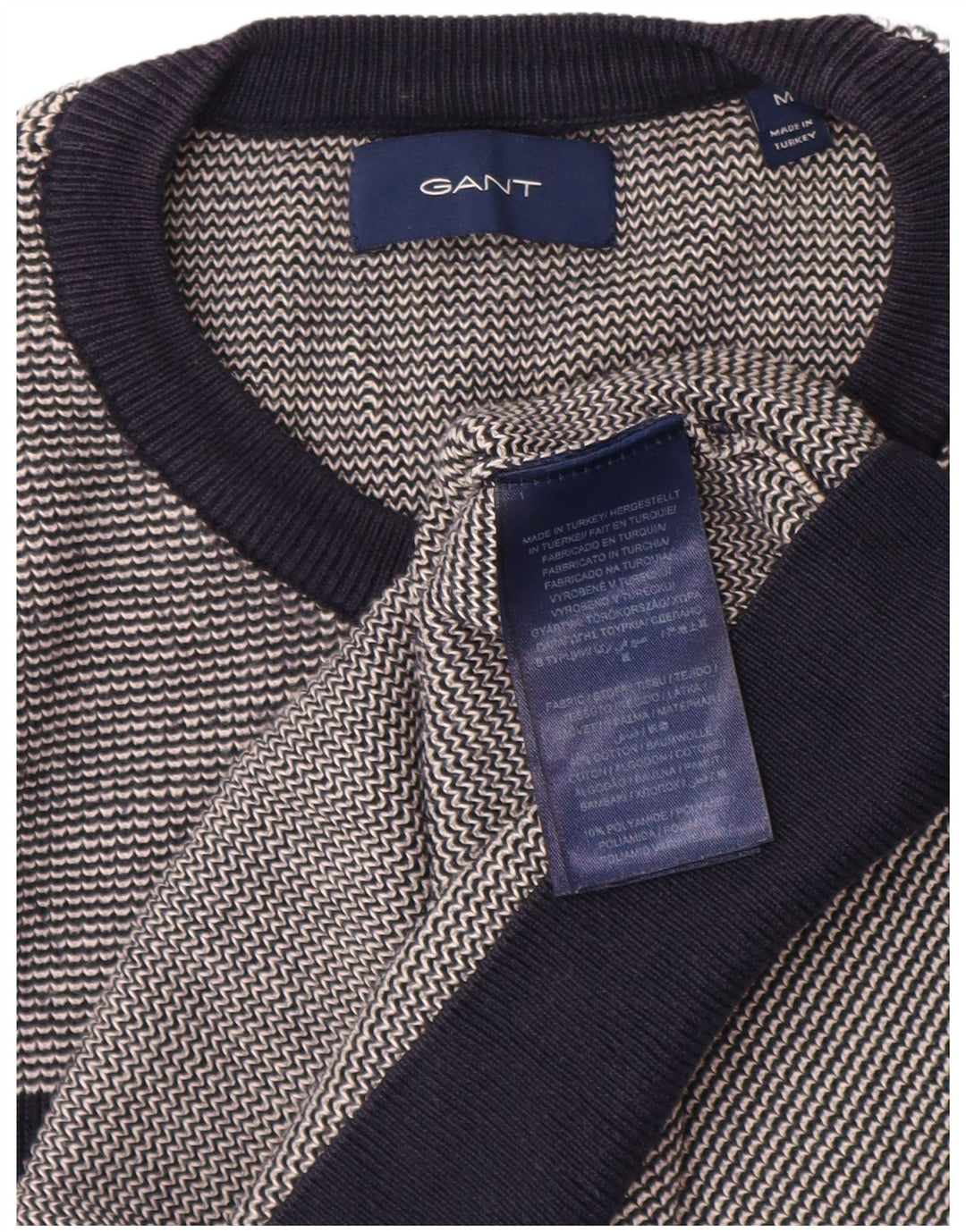 Suéter masculino GANT com gola redonda, algodão listrado azul marinho médio