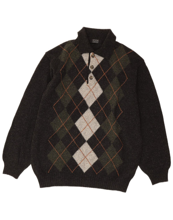 Suéter masculino Stone Henge com gola polo e grande cinza Argyle/Diamante