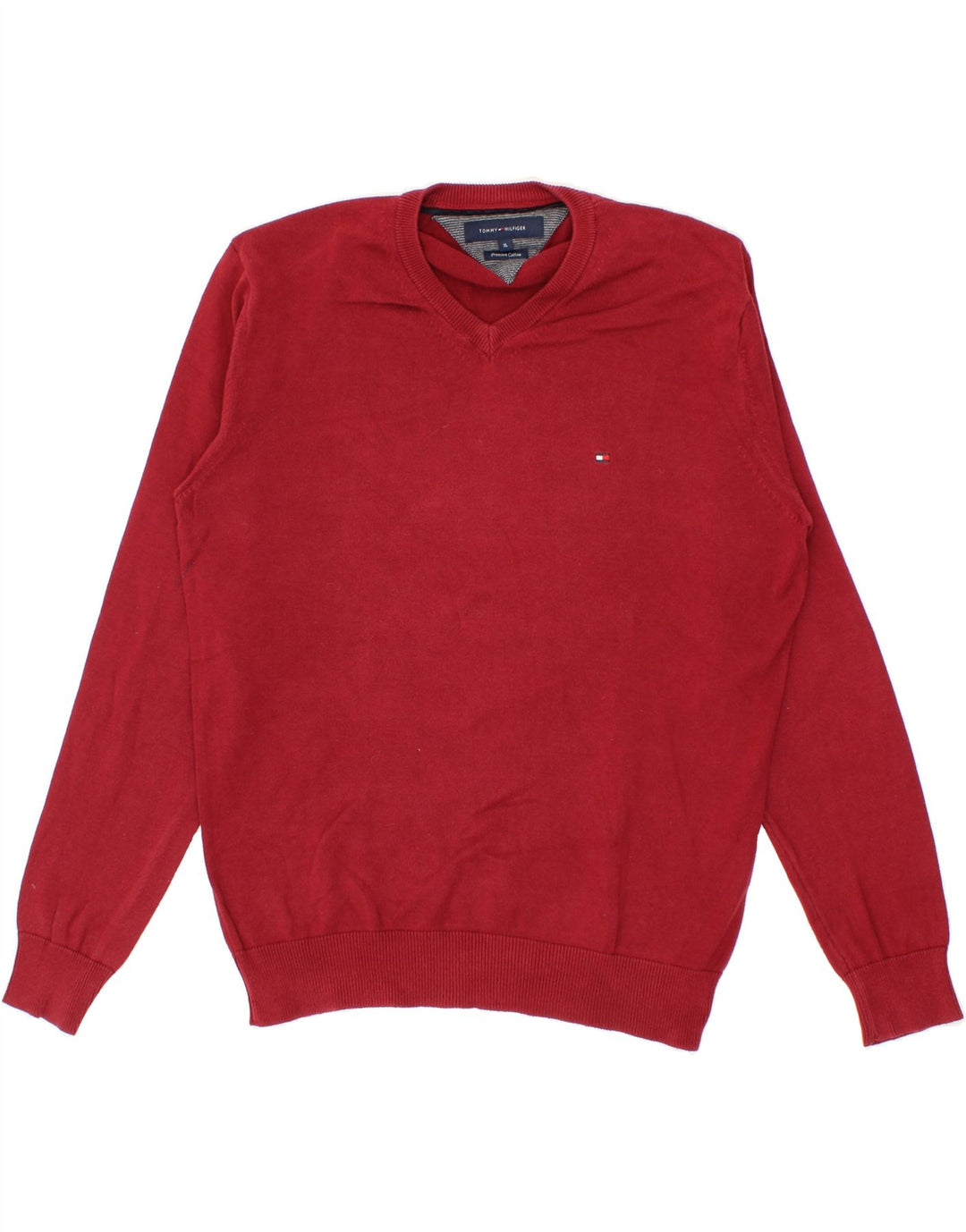 TOMMY HILFIGER Mens V-Neck Jumper Sweater XL Burgundy Cotton Vintage Tommy Hilfiger and Second-Hand Tommy Hilfiger from Messina Hembry 