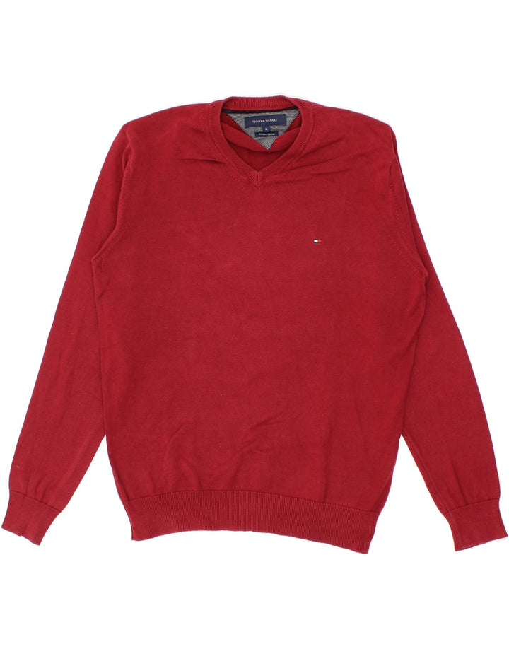 TOMMY HILFIGER Mens V-Neck Jumper Sweater XL Burgundy Cotton Vintage Tommy Hilfiger and Second-Hand Tommy Hilfiger from Messina Hembry 