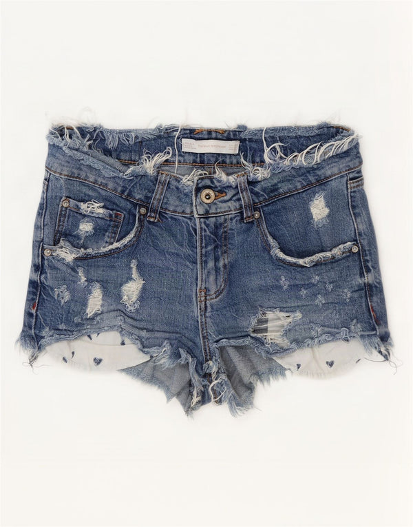 Zara Shorts jeans feminino Trafaluc desgastado UE 38 pequeno W28 algodão azul