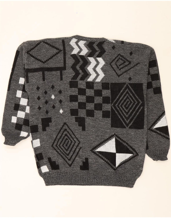 VINTAGE Mens V-Neck Jumper Sweater XL Grey Geometric Acrylic Vintage Vintage and Second-Hand Vintage from Messina Hembry 
