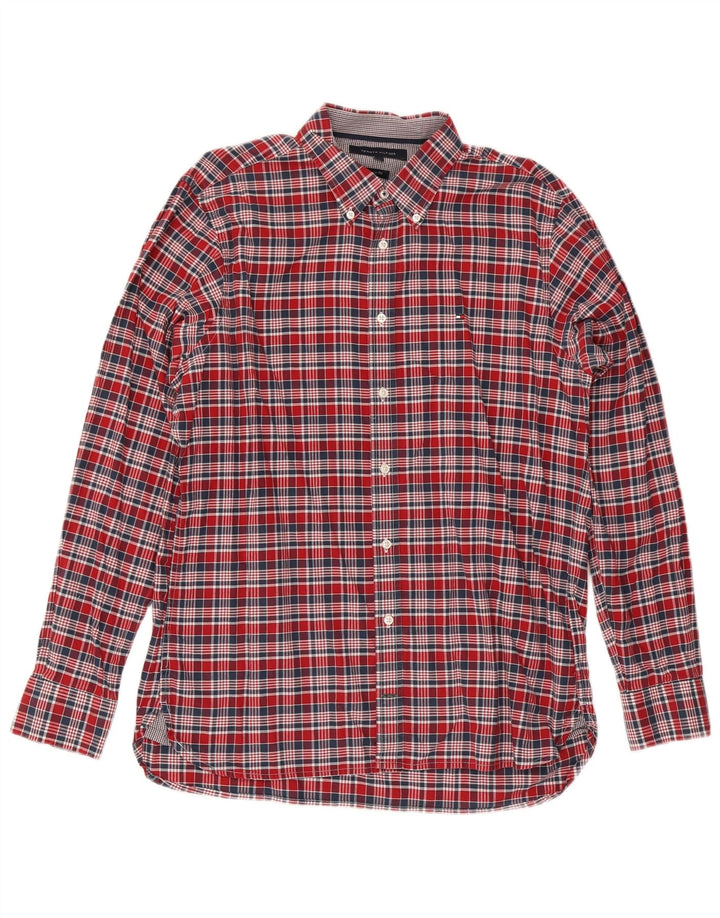 Camisa masculina Tommy Hilfiger Custom Fit grande algodão xadrez vermelho