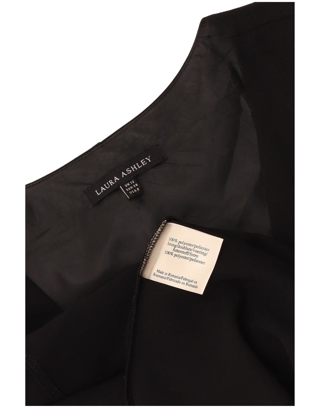 Vestido feminino Laura Ashley sem mangas evasê Reino Unido 12 poliéster preto médio