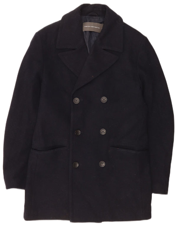 French Connection Mens Double Breasted Coat UK 38 Medium Navy Blue Wool