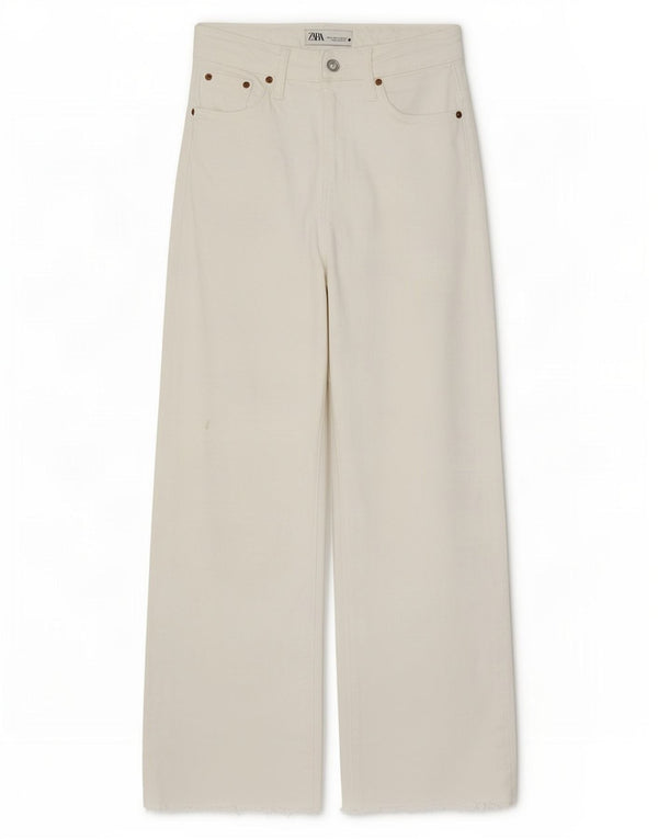 Zara Jeans feminino cintura alta com perna larga EU 34 2XS W24 L26 algodão branco