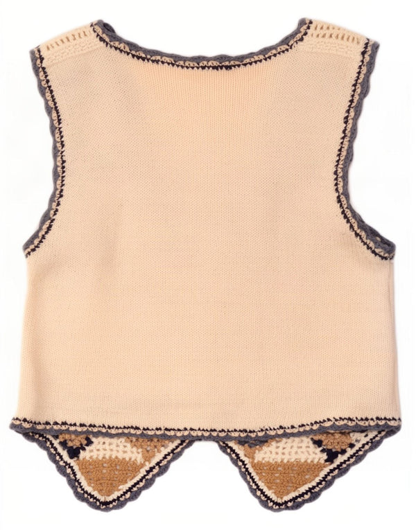 Colete feminino vintage de crochê Reino Unido 10 pequeno rami geométrico branco