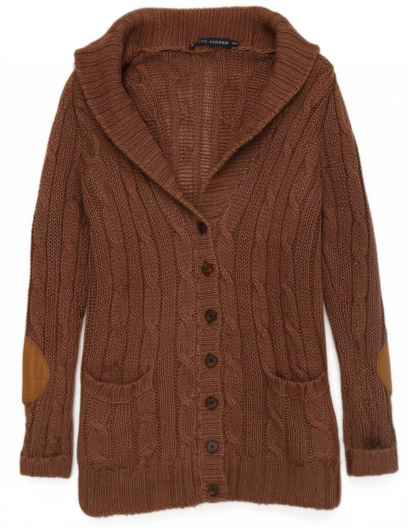 Suéter cardigã feminino Ralph Lauren oversized longline Reino Unido 6 XS linho marrom
