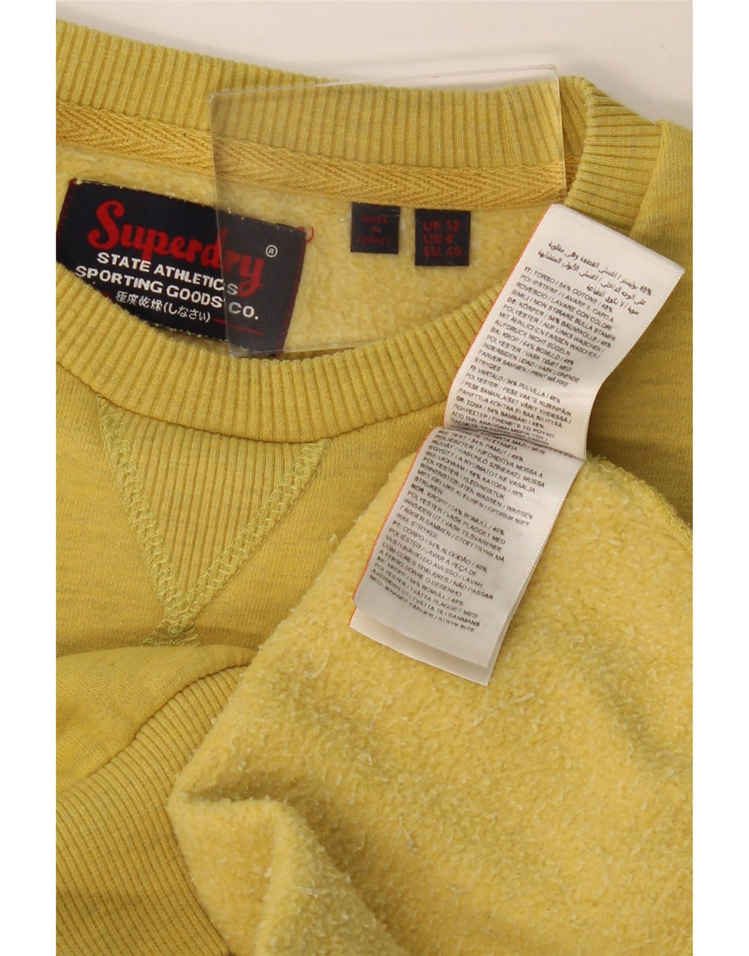 SUPERDRY moletom feminino gráfico jumper UK 12 médio amarelo manchado