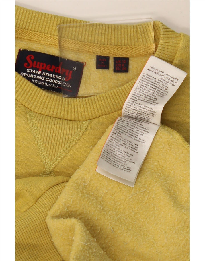 SUPERDRY moletom feminino gráfico jumper UK 12 médio amarelo manchado