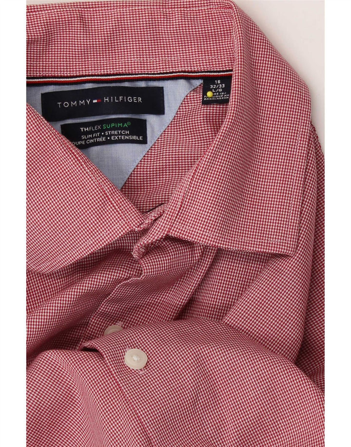 Camisa masculina Tommy Hilfiger Flex Slim Fit tamanho 16 grande vermelho Houndstooth