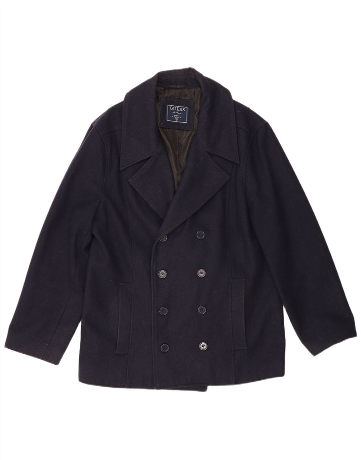 Guess Mens Pea Coat UK 44 2XL Lã Azul Marinho