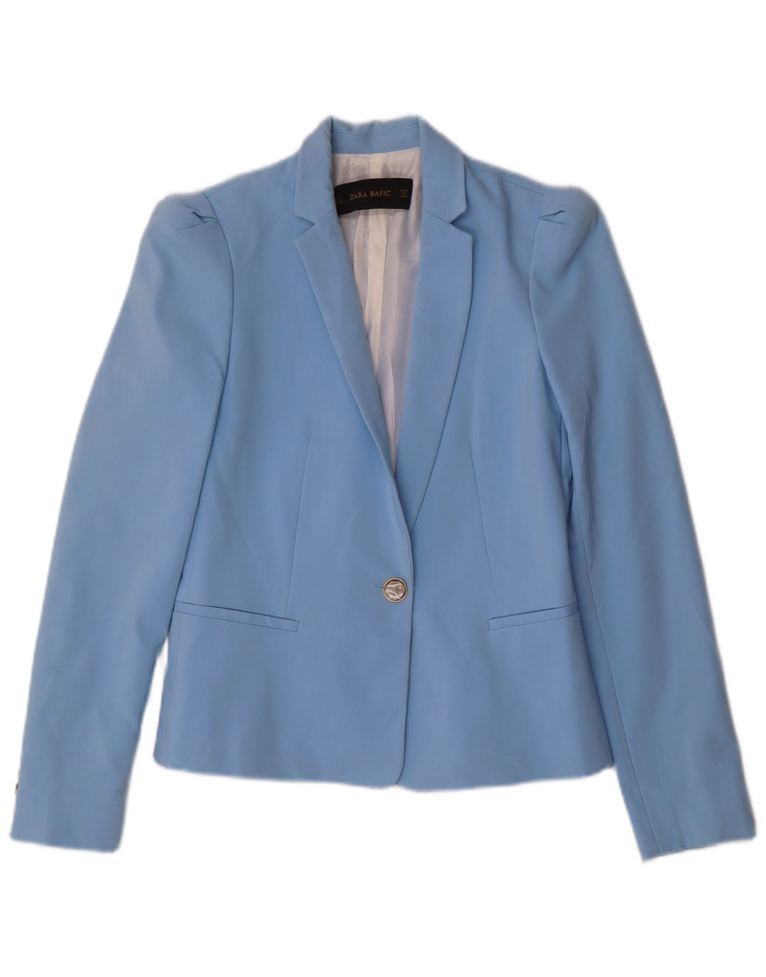 Jaqueta blazer feminina Zara com 1 botão UK 10 poliéster azul pequeno