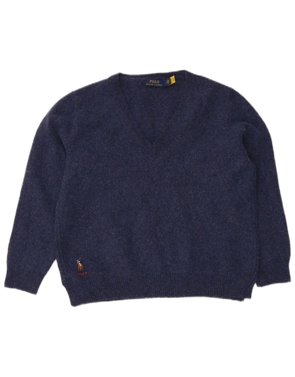 Suéter feminino Polo Ralph Lauren com decote em V Reino Unido 14 grande lã azul marinho