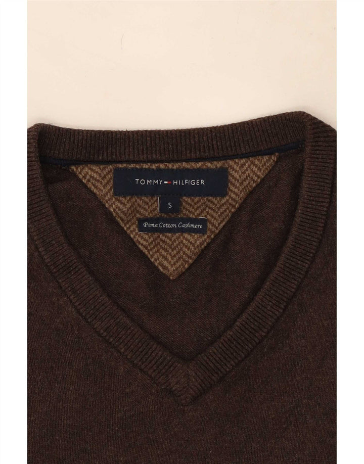 Tommy Hilfiger Suéter masculino com decote em V pequeno algodão marrom