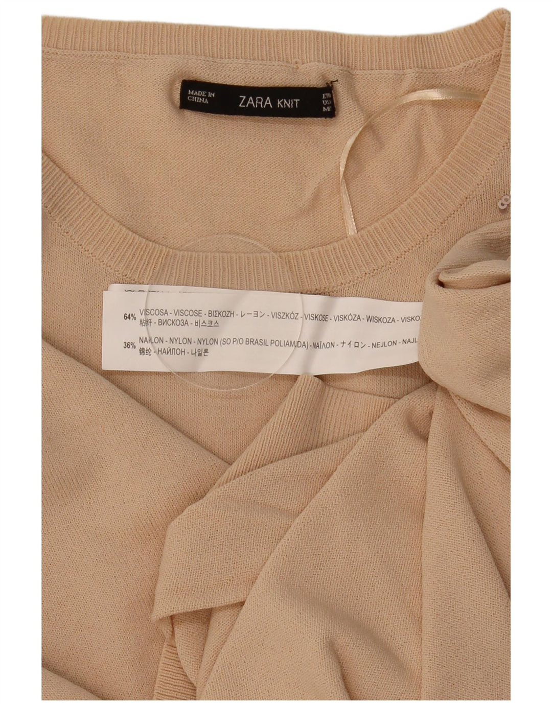 Suéter feminino Zara com gola redonda Reino Unido 14 médio bege geométrico