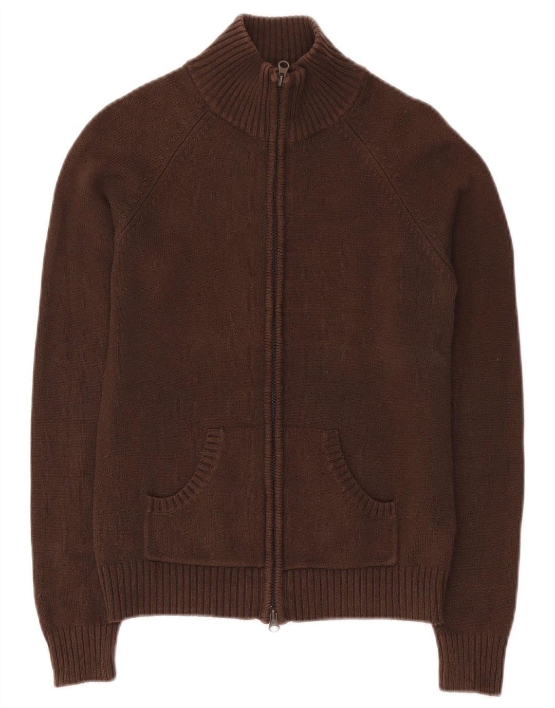 Zara Suéter feminino com gola e zíper Reino Unido 12 algodão marrom médio