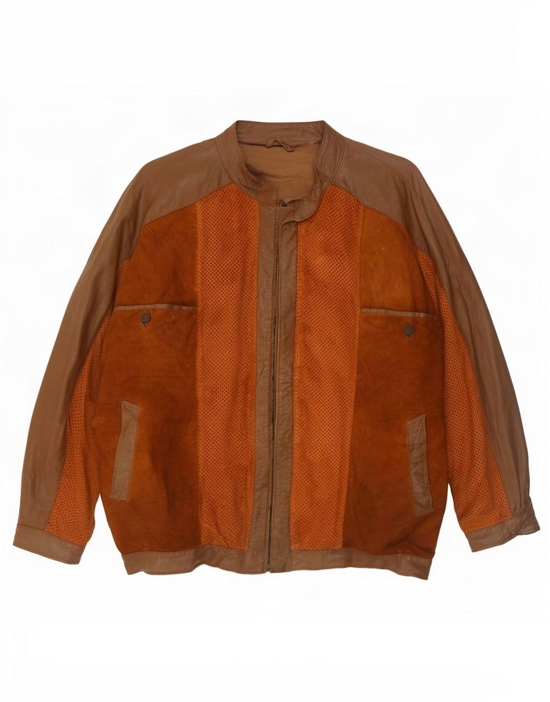 Jaqueta de couro bomber masculina vintage Reino Unido 38 bloco colorido marrom médio