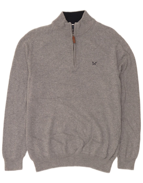 Suéter masculino com gola e zíper da Crew Clothing, algodão manchado cinza grande