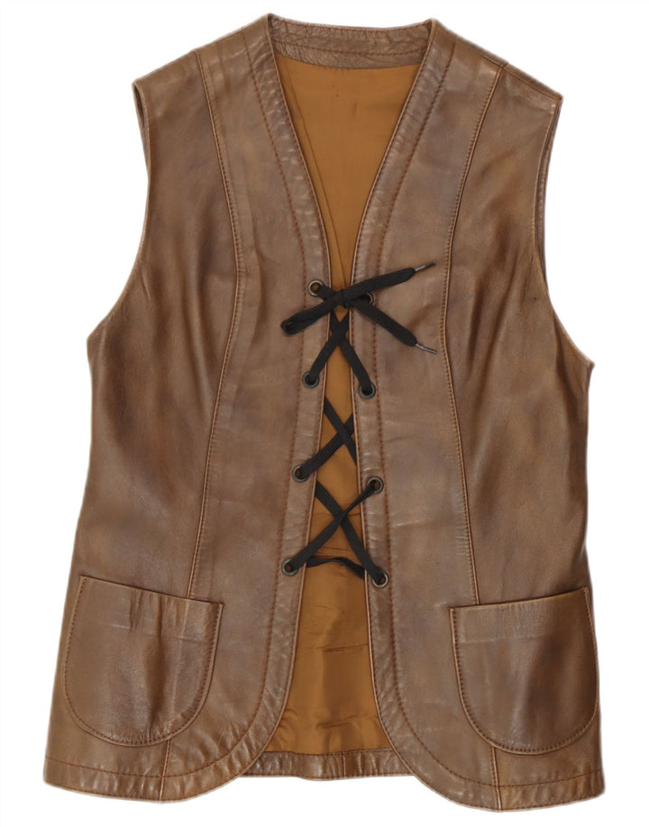 Colete de couro feminino vintage UK 12 marrom médio