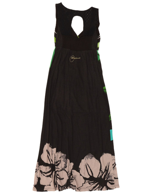 Desigual Vestido maxi feminino gráfico sem mangas UK 8 pequeno preto floral
